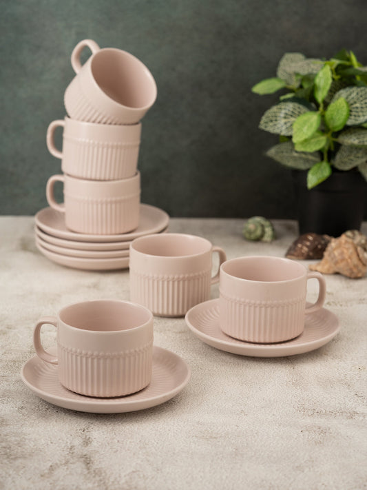 Claycraft Crimson Matte Pebble Ivory Ceramic Cup & Saucer Set | 12-Piece Tea Set (210ml)