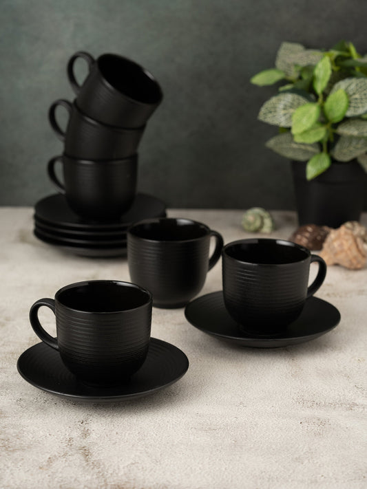 Claycraft Horizon Pebble Black Cup & Saucer, Set of 12 (6 Cups + 6 Saucers) (220 ml)