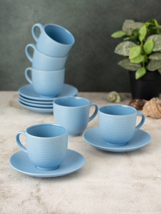 Claycraft Horizon Pebble Light Blue Cup & Saucer, Set of 12 (6 Cups + 6 Saucers) (220 ml)
