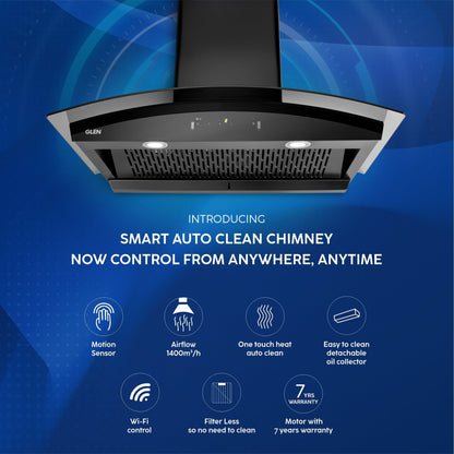 Auto Clean Chimney Curved Glass Filter-less with Wi-Fi Control 1400 mB3/h - 60/76/90cm (CH 6068 AC BLS)