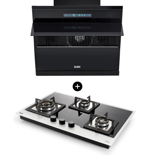 3 Burner Glass Hob Top (BH1073XLHTDBBW) + Auto Clean Glass Filterless Chimney with BLDC Motor 75cm 1400m3/h (6073 AC)