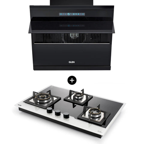 3 Burner Glass Hob Top (BH1073XLHTDBBW) + Auto Clean Glass Filterless Chimney with BLDC Motor 75cm 1400m3/h (6073 AC)