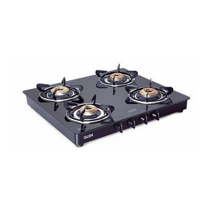 4 Burner Glass Gas Stove with Brass Burner Black (1041 GT BB BL) - Manual/Auto Ignition