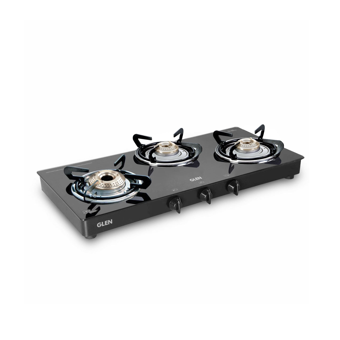 3 Burner Glass Gas Stove with High Flame Brass Burner Double Drip Tray (1032 GT HF BB DD BL) - Manual/Auto Ignition