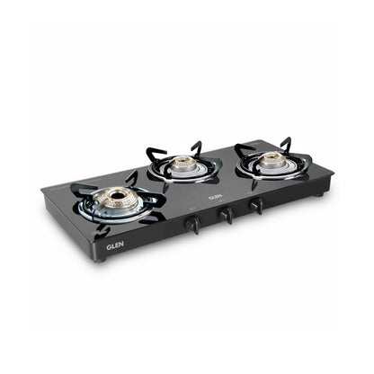 3 Burner Glass Gas Stove with High Flame Brass Burner Double Drip Tray (1032 GT HF BB DD BL) - Manual/Auto Ignition