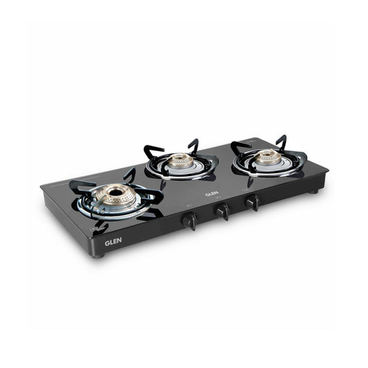 GLEN 3 Burner Glass Gas Stove with High Flame Brass Burner Double Drip Tray (CT032GTHFBBDDBL) - Manual/Auto Ignition