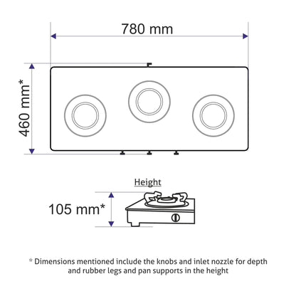GLEN 3 Burner Slim Glass Gas Stove with High Flame Forged Brass Burner - Manual/Auto Ignition (CT1038SLSQBLFB)