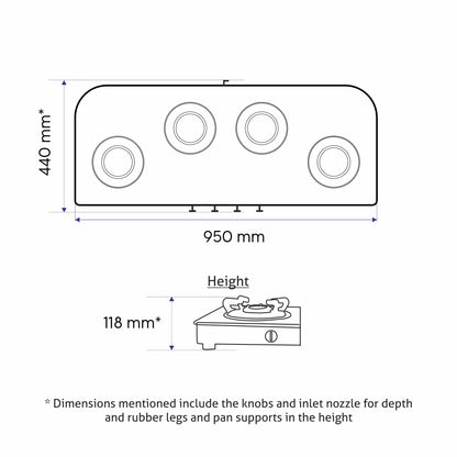 4 Burner Glass Gas Stove Extra Wide 1 High Flame 3 Forged Brass Burner Auto Ignition (1049 GT FB AI)