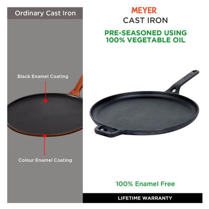 Meyer Pre Seasoned Cast Iron 2 Piece cookware Set (24cm Skillet + 28cm Flat Dosa tawa)