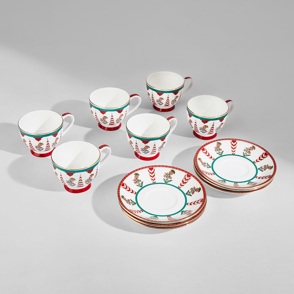 Claycraft India Circus Blushed Orchard Olive Cup and Saucer Set of 12 Pcs | 22k Gold Accents (150ml)