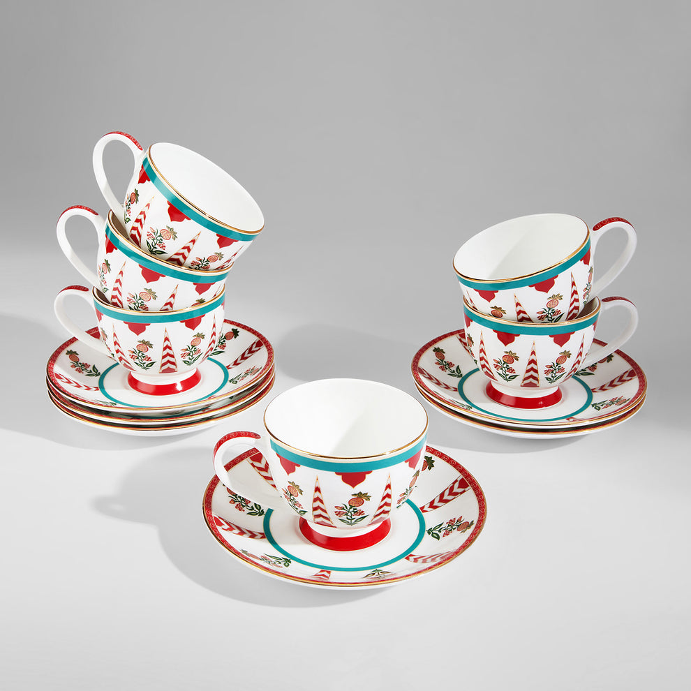 Claycraft India Circus Blushed Orchard Olive Cup and Saucer Set of 12 Pcs | 22k Gold Accents (150ml)