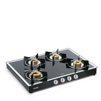 4 Burner Glass Gas Stove Mirror Finish 1 High Flame 3 Forged Brass Burner 70 CM Black (1048 GT FBM BL)