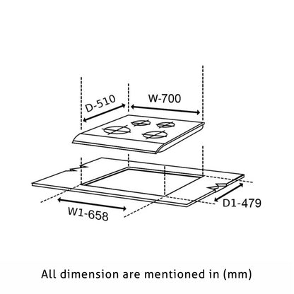4 Burner Glass Gas Hob Top Mini Triple Ring Burner Double Ring Forged Brass Burner Auto Ignition (1074SQHTMTR)