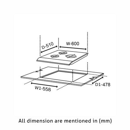 3 Burner Glass Hob Top with Italian Double Ring Brass Burners Auto Ignition (1063 RO IN HT BB)