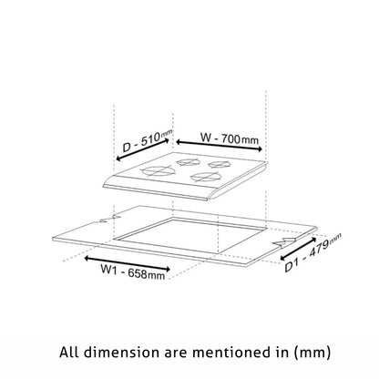 4 Burner Glass Hob Top with Double Ring Forged Brass Burner Auto Ignition (1074 SQ HT BW)