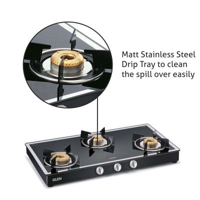 3 Burner Mirror Finish Glass Gas Stove with High Flame Forged Brass Burner Black (1038GT FBM BL) - Manual/Auto Ignition