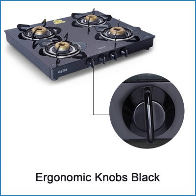 4 Burner Glass Gas Stove with Forged Brass Burner 60 CM Black (1041 GT FB BL)