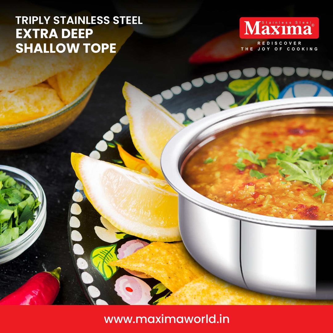 Maxima Triply SS Extra Deep Shallow Tope with Lid (Induction Friendly)