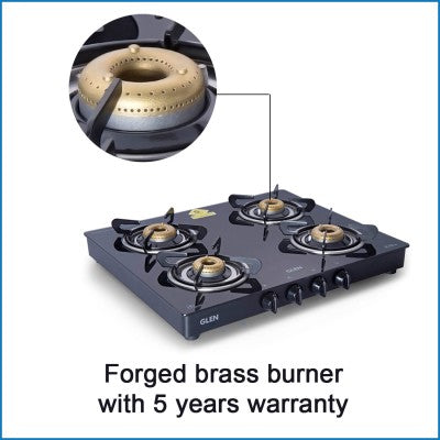 4 Burner Glass Gas Stove with Forged Brass Burner 60 CM Black (1041 GT FB BL)