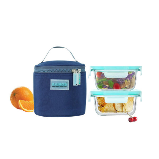 KAIROS Glass Bento Lunch Box with Two Compartments and Travel Bag (320 ml) | Ideal for Office & Kids | Perfect for Meal prep