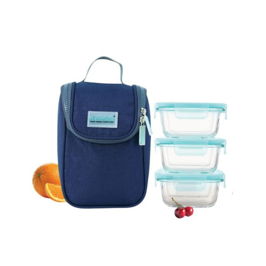 KAIROS Glass Trio Lunch Box With Bag 3 Containers (320 ml)| Leak-proof Borosilicate glass containers | For office and school