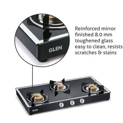 3 Burner Mirror Finish Glass Gas Stove with High Flame Forged Brass Burner Black (1038GT FBM BL) - Manual/Auto Ignition