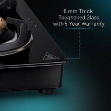 2 Burner Glass Gas Stove with High Flame Brass Burner Crown Pan Supports (CT 1022 GT BB BL HF CP) - Manual/Auto Ignition
