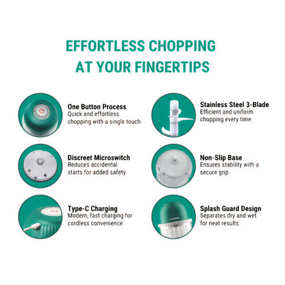 KAIROS Chop Mate Mini Chopper | USB Rechargeable Food Chopper with 350ml Glass Bowl | Perfect for Garlic, Onions & Baby Food
