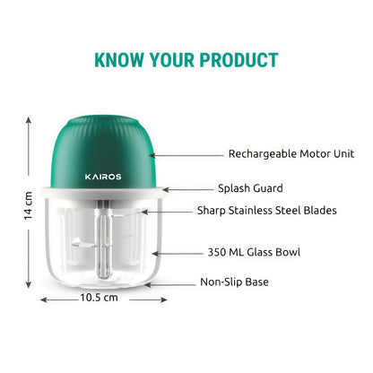 KAIROS Chop Mate Mini Chopper | USB Rechargeable Food Chopper with 350ml Glass Bowl | Perfect for Garlic, Onions & Baby Food