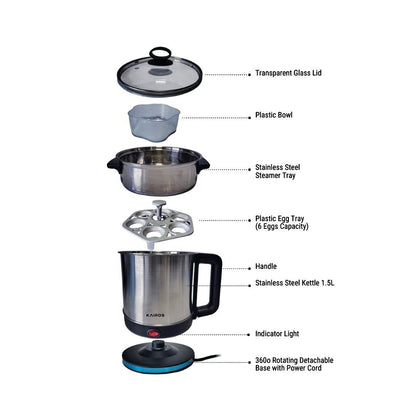 KAIROS MultiServe 1.5L Multi-Cooking Kettle with Steamer | 800W Portable Cooker | Multi-Cook function ,Fast Boil & Cook
