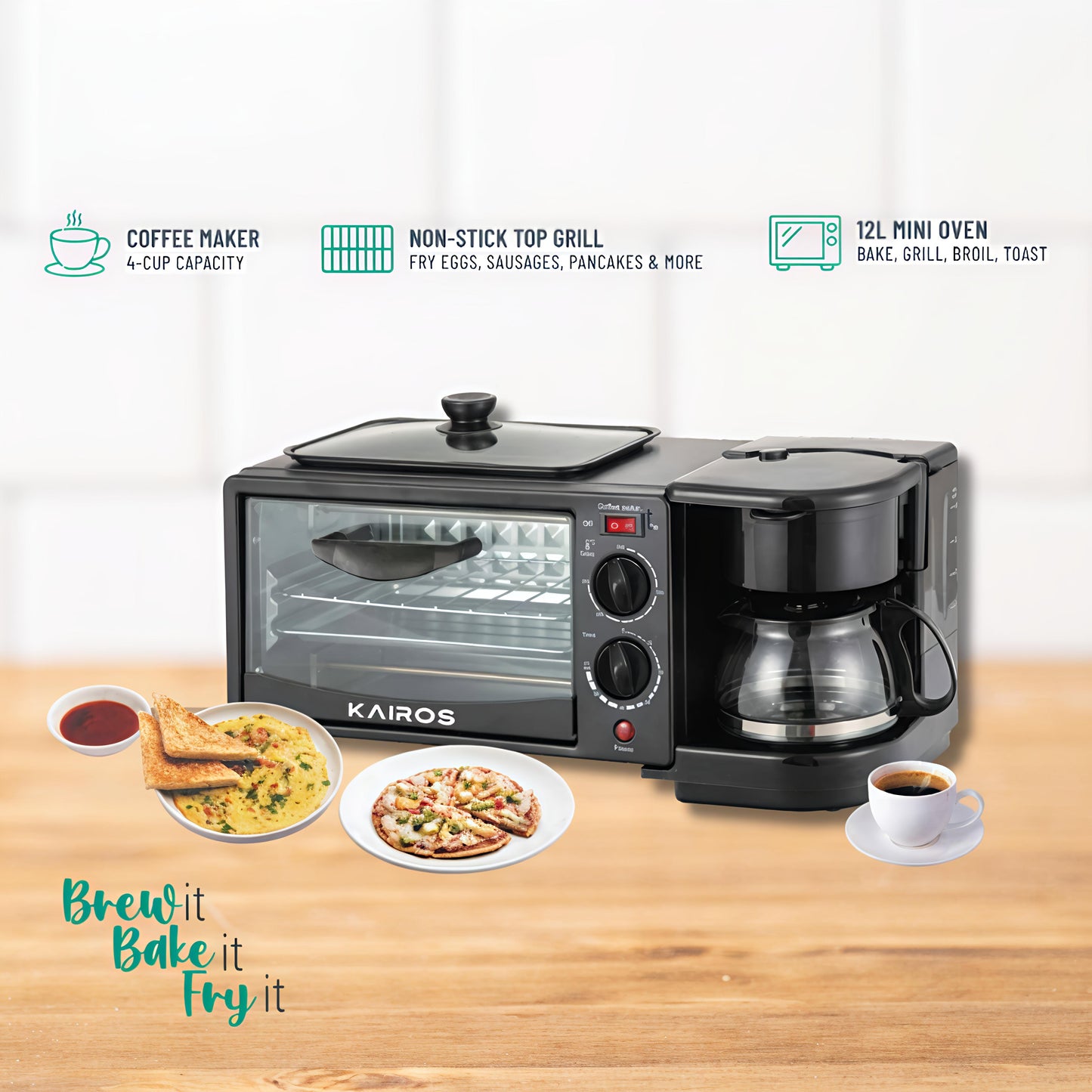 KAIROS Morning Mate | All-in-One Multifunctional Breakfast Maker for Home | Coffee maker, 12L mini oven, and non-stick griddle