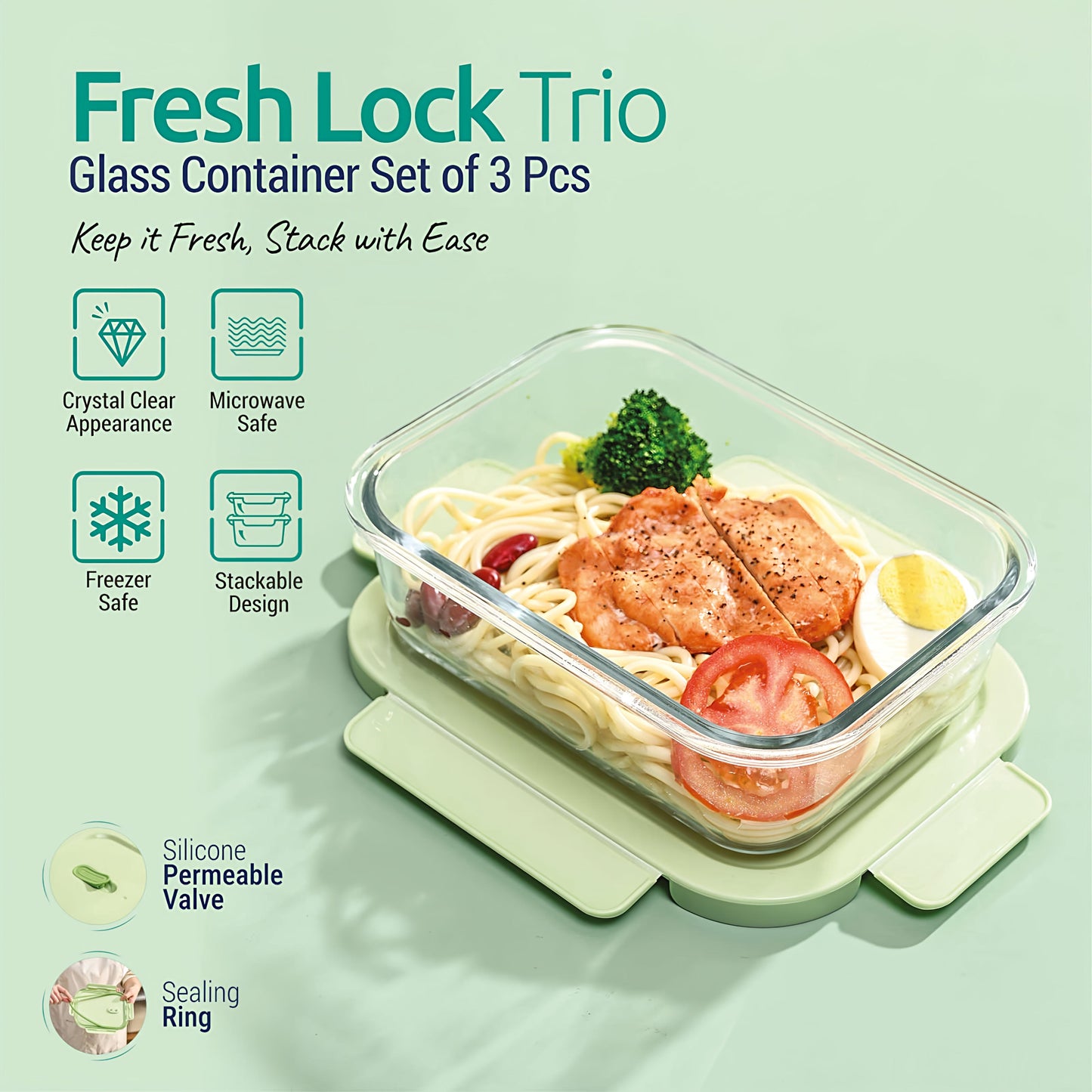 KAIROS Fresh Lock Trio Glass Container Set of 3 PCs | Premium Glass Container Set | High Quality Glass