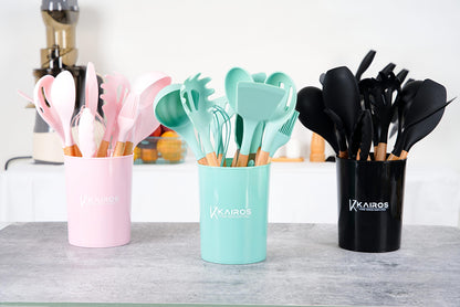 KAIROS Silicone Cooking Spatula | Wooden Spatula Set of 12 pcs with Wooden Handle | Premium Kitchen Spatulas