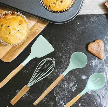 KAIROS Silicone Cooking Spatula | Wooden Spatula Set of 4 pcs with Wooden Handle | Premium Kitchen Spatulas