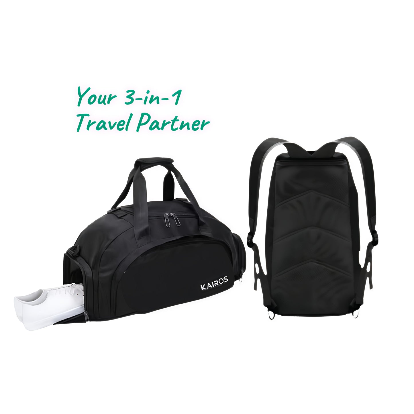 KAIROS Swift Companion- Convertible Travel Duffle + Backpack with Shoe Compartment