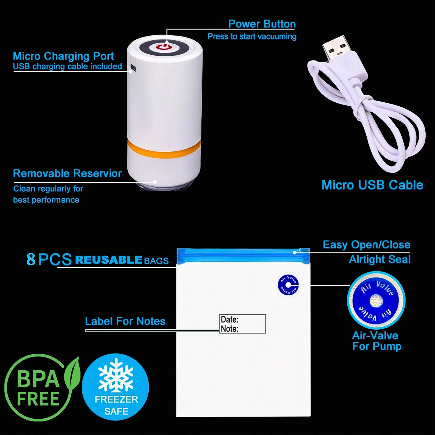 KAIROS Handheld Mini Vacuum Sealer with Bags | Food-Grade, USB Rechargeable | Keep Food Fresh & Extend Shelf Life for Home & Kitchen.