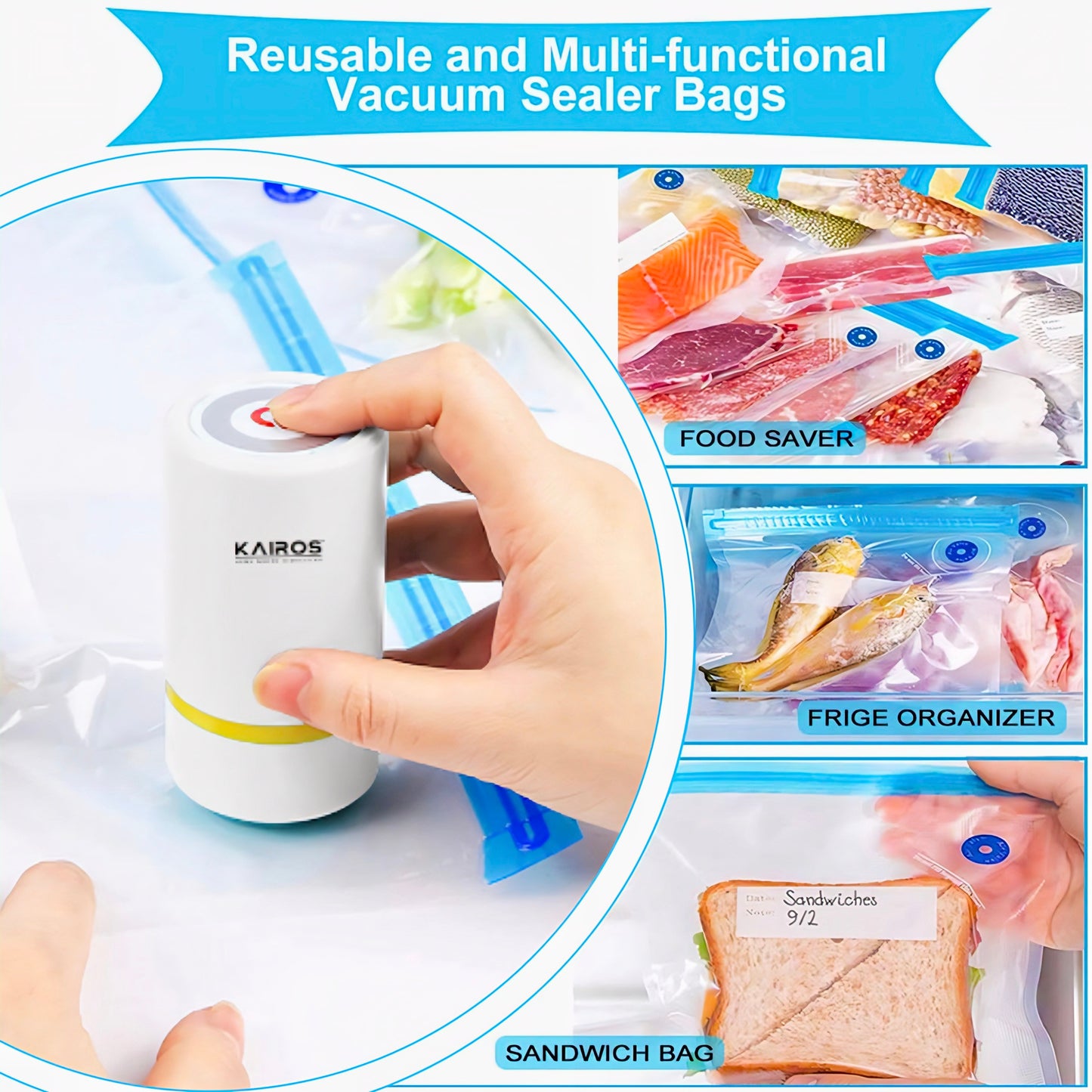 KAIROS Handheld Mini Vacuum Sealer with Bags | Food-Grade, USB Rechargeable | Keep Food Fresh & Extend Shelf Life for Home & Kitchen.
