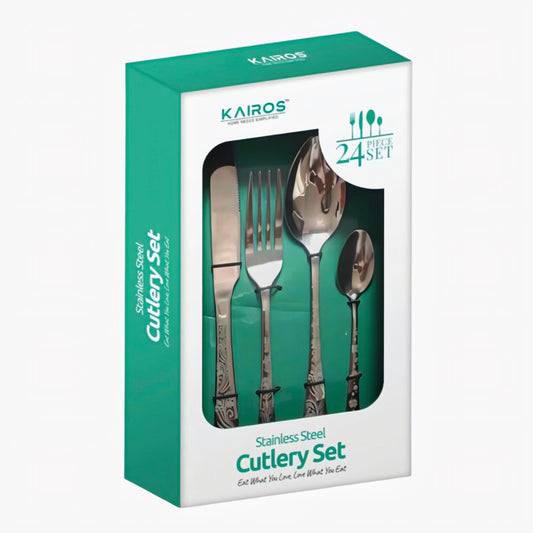 KAIROS Elegant 24 Piece Stainless Steel Cutlery Set | Sophisticated Silver Dinnerware | Handwash/Diswasher-safe | Premium Dining Essentials