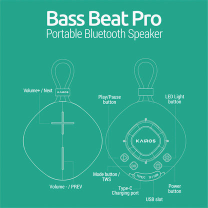 KAIROS Bassbeat Pro TWS Bluetooth Speaker | IPX6 Waterproof, TWS Pairing, Fast Type-C Charging & 8W Output
