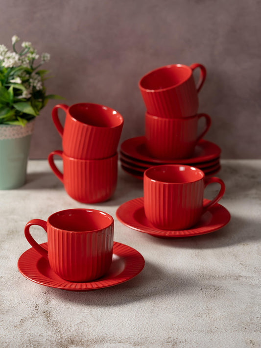 Claycraft Linea Pebble Red Cup & Saucer, Set of 12 (6 Cups + 6 Saucers) (170 ml)