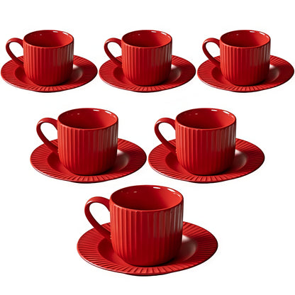Claycraft Linea Pebble Red Cup & Saucer, Set of 12 (6 Cups + 6 Saucers) (170 ml)
