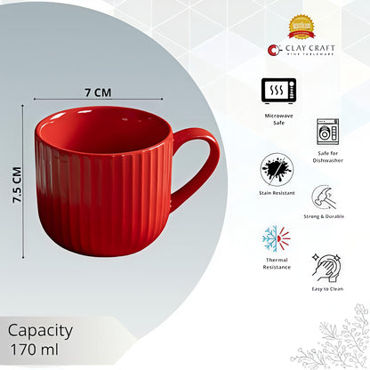 Claycraft Linea Pebble Red Cup & Saucer, Set of 12 (6 Cups + 6 Saucers) (170 ml)
