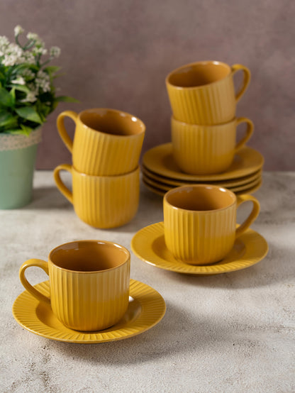 Claycraft Linea Pebble Mustard Cup & Saucer, Set of 12 (6 Cups + 6 Saucers) (170 ml)