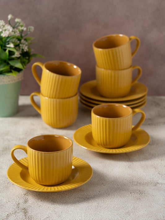 Claycraft Linea Pebble Mustard Cup & Saucer, Set of 12 (6 Cups + 6 Saucers) (170 ml)