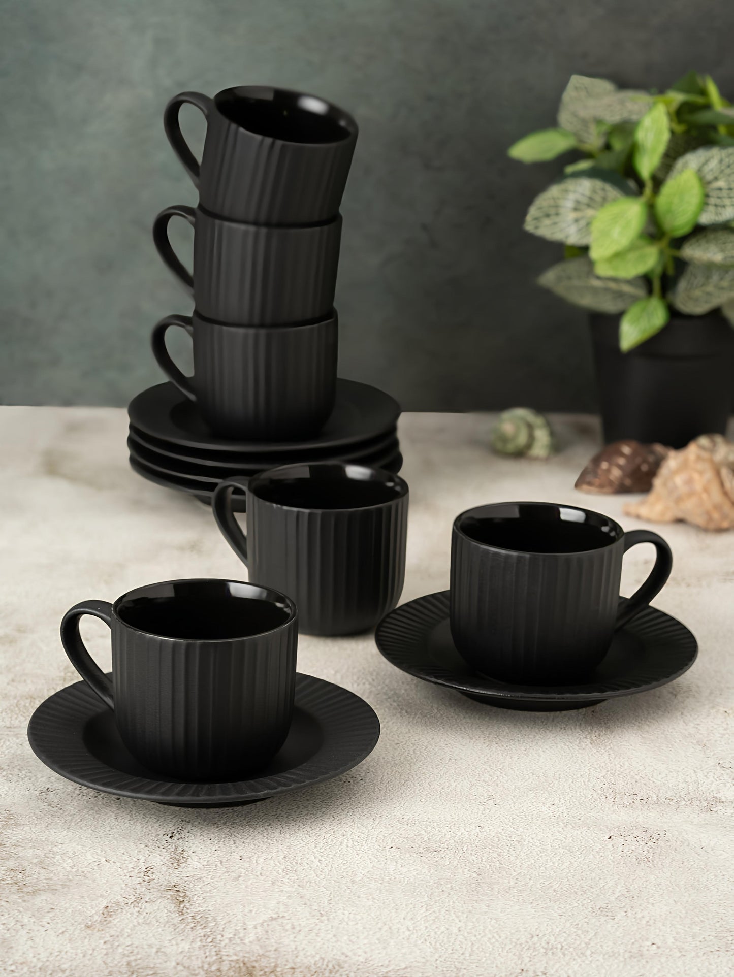 Claycraft Linea Pebble Black Cup & Saucer, Set of 12 (6 Cups + 6 Saucers) (170 ml)