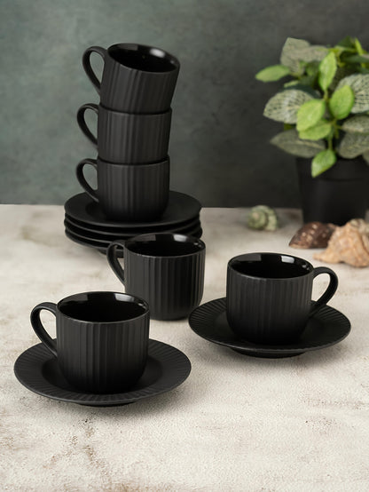 Claycraft Linea Pebble Black Cup & Saucer, Set of 12 (6 Cups + 6 Saucers) (170 ml)