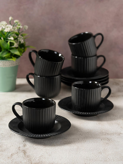 Claycraft Linea Pebble Black Cup & Saucer, Set of 12 (6 Cups + 6 Saucers) (170 ml)