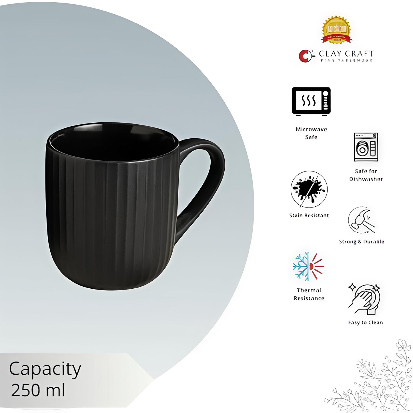 Claycraft Linea Pebble Black Cup & Saucer, Set of 12 (6 Cups + 6 Saucers) (170 ml)