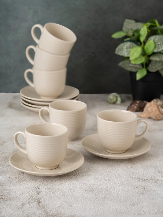 Claycraft Horizon Pebble Ivory Cup & Saucer, Set of 12 (6 Cups + 6 Saucers) (220 ml)