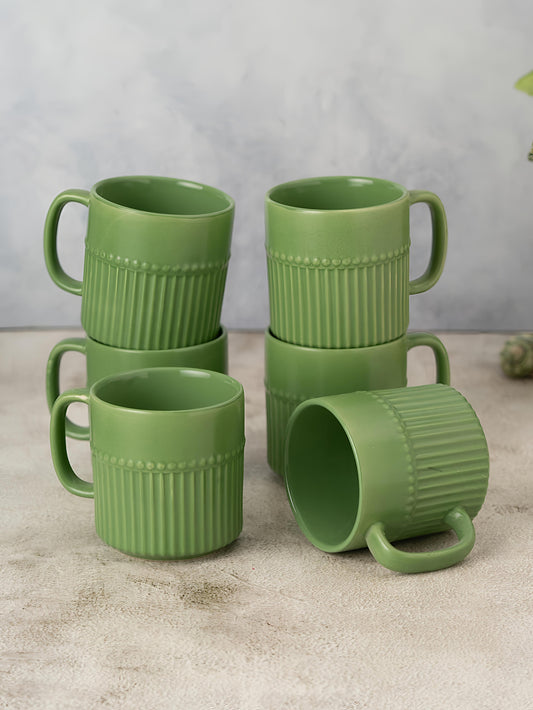 Claycraft Crimson Pebble Matte Green Coffee & Tea Mugs Set of 6 (220 ml)